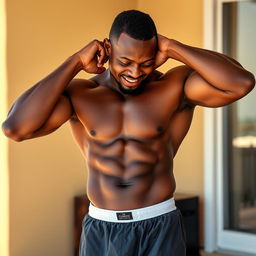 A strong mulatto man without a shirt, in boxers, striking a casual pose