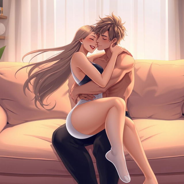 A sensual anime scene capturing an intimate moment on a plush, modern couch