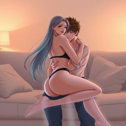 A sensual anime scene capturing an intimate moment on a plush, modern couch