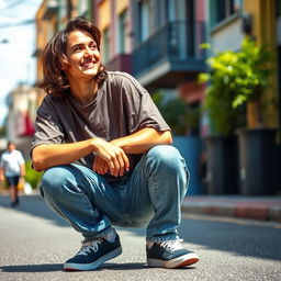 A detailed photograph of a person crouching down on the street