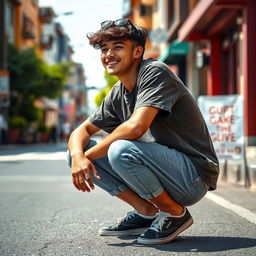 A detailed photograph of a person crouching down on the street