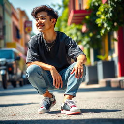 A detailed photograph of a person crouching down on the street