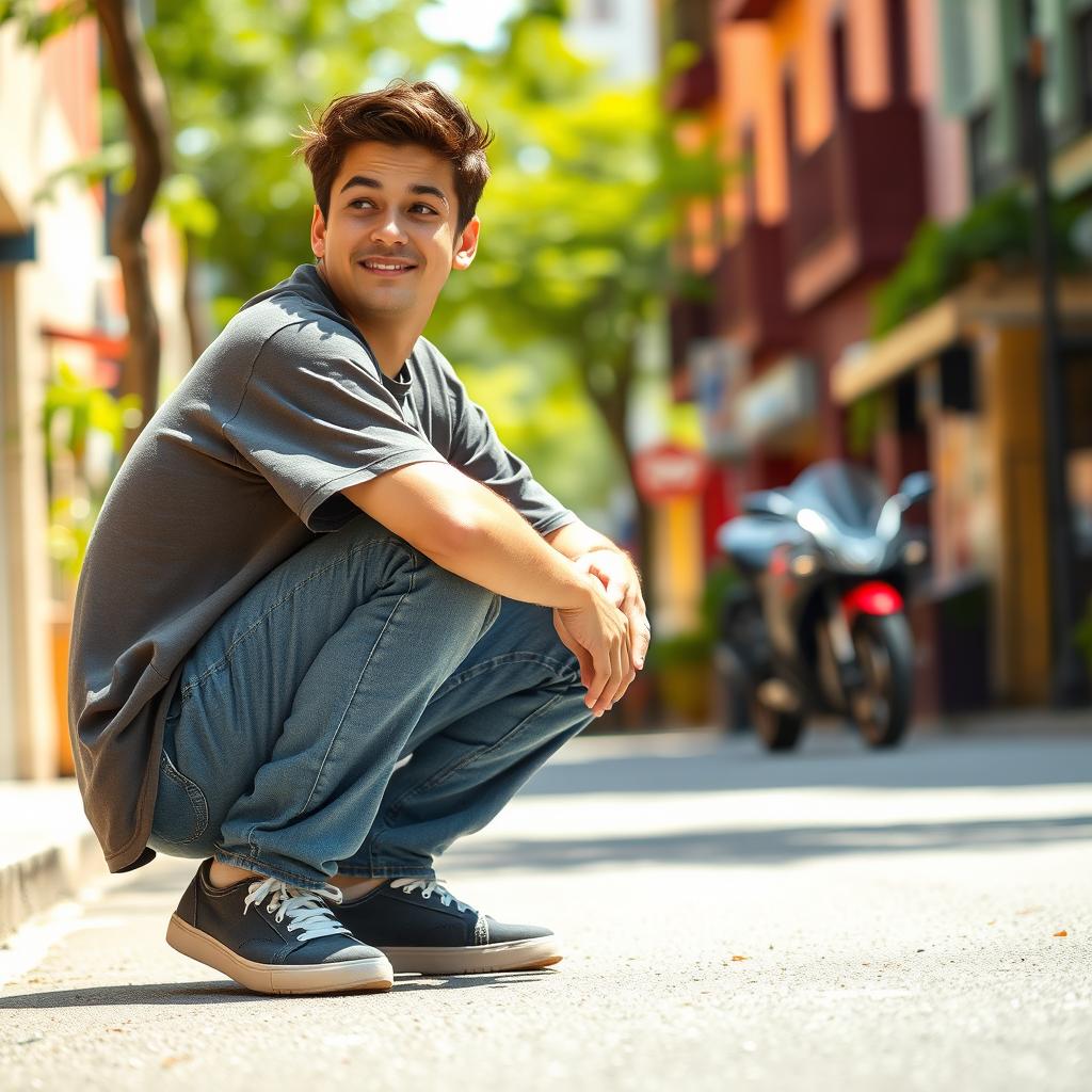 A detailed photograph of a person crouching down on the street