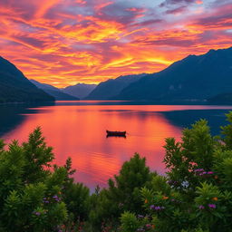 A striking landscape featuring a vast, colorful sunset over a tranquil lake surrounded by majestic mountains