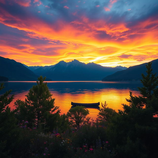 A striking landscape featuring a vast, colorful sunset over a tranquil lake surrounded by majestic mountains