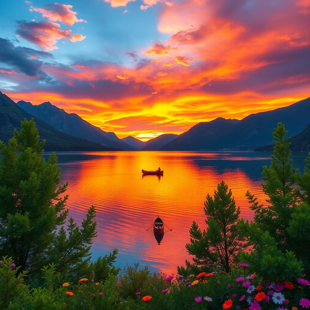 A striking landscape featuring a vast, colorful sunset over a tranquil lake surrounded by majestic mountains