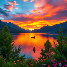 A striking landscape featuring a vast, colorful sunset over a tranquil lake surrounded by majestic mountains