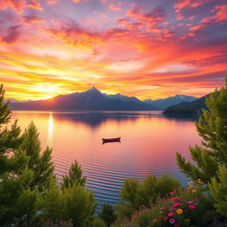 A striking landscape featuring a vast, colorful sunset over a tranquil lake surrounded by majestic mountains