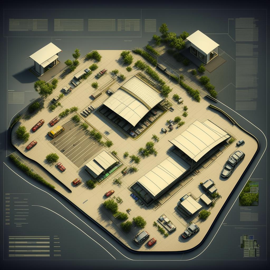 Detailed blueprint of a highway rest area, featuring amenities such as restrooms, convenience stores, dining areas, and parking lots.