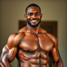 A strong, muscular mulatto man, shirtless, showcasing his toned physique and impressive stature