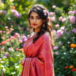 A beautiful young woman elegantly draped in a traditional saree, showcasing intricate patterns and vibrant colors
