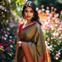 A beautiful young woman elegantly draped in a traditional saree, showcasing intricate patterns and vibrant colors