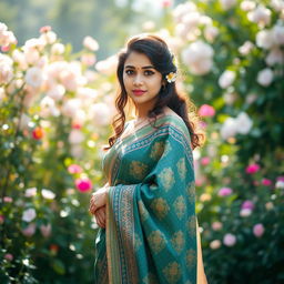 A beautiful young woman elegantly draped in a traditional saree, showcasing intricate patterns and vibrant colors