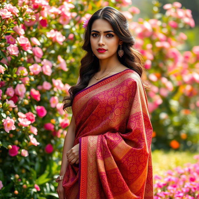 A beautiful young woman elegantly draped in a traditional saree, showcasing intricate patterns and vibrant colors