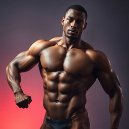 A strong, muscular mulatto man, portrayed in a confident pose, completely nude and embodying an impressive physique