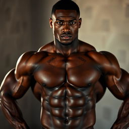A strong, muscular mulatto man, portrayed in a confident pose, completely nude and embodying an impressive physique