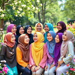A vibrant scene featuring ten hijabi girls, each showcasing a unique style of hijab representing different cultures and fashions