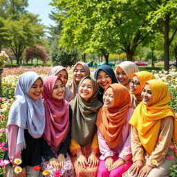 A vibrant scene featuring ten hijabi girls, each showcasing a unique style of hijab representing different cultures and fashions