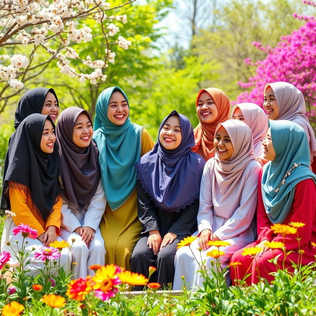 A vibrant scene featuring ten hijabi girls, each showcasing a unique style of hijab representing different cultures and fashions