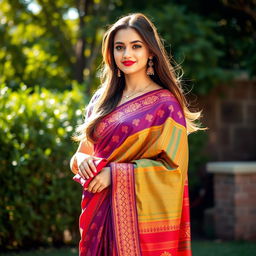 A young American woman wearing a beautifully draped saree, blending traditional Indian elements with a modern twist