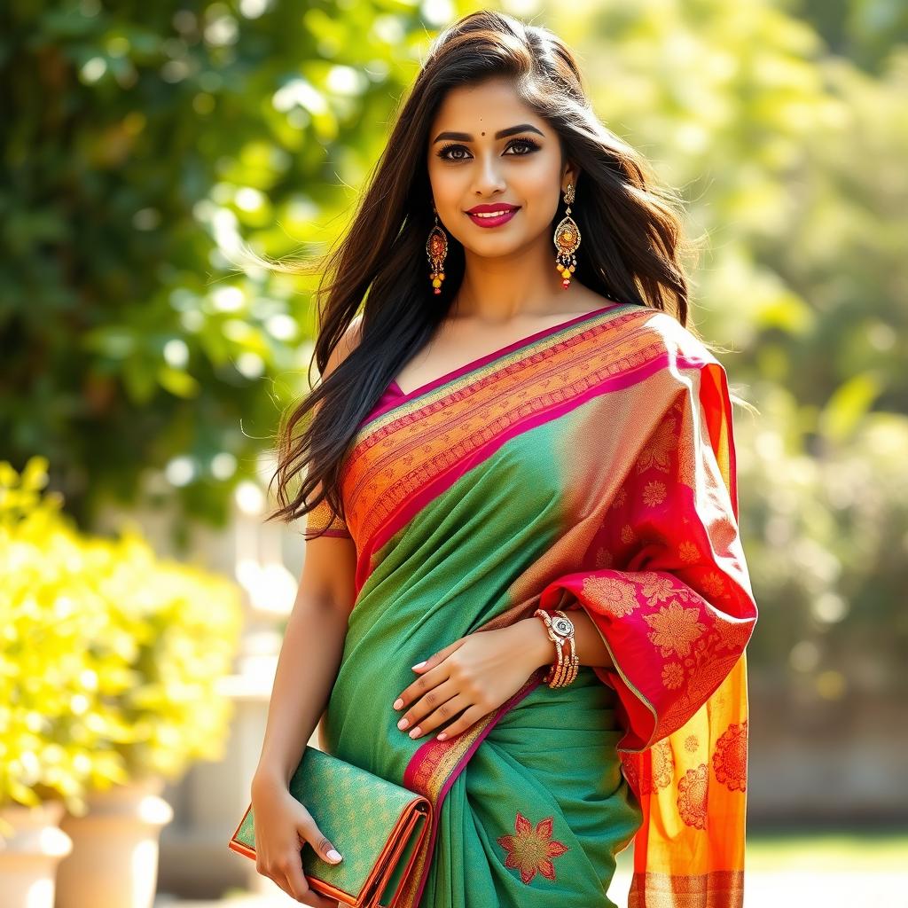 A young American woman wearing a beautifully draped saree, blending traditional Indian elements with a modern twist