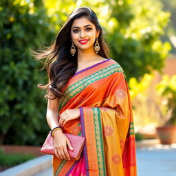 A young American woman wearing a beautifully draped saree, blending traditional Indian elements with a modern twist