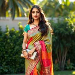 A young American woman wearing a beautifully draped saree, blending traditional Indian elements with a modern twist