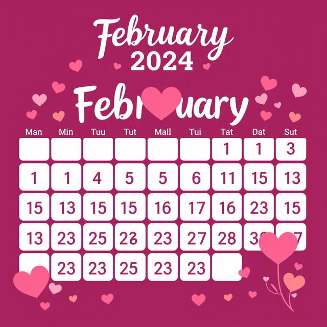 Create a calendar design for the month of February 2024, ensuring that the month ends on the 32nd day, giving the illusion of a non-standard calendar