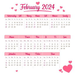 Create a calendar design for the month of February 2024, ensuring that the month ends on the 32nd day, giving the illusion of a non-standard calendar