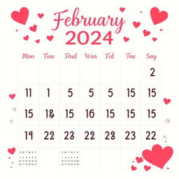 Create a calendar design for the month of February 2024, ensuring that the month ends on the 32nd day, giving the illusion of a non-standard calendar