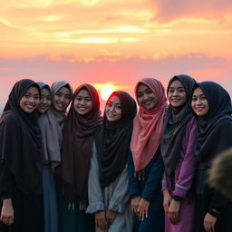 A stunning sunset scene featuring ten hijabi girls, each adorned in beautifully styled hijabs that reflect various colors of the sunset