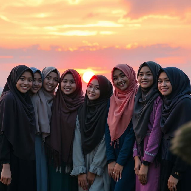 A stunning sunset scene featuring ten hijabi girls, each adorned in beautifully styled hijabs that reflect various colors of the sunset