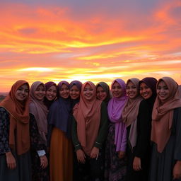 A stunning sunset scene featuring ten hijabi girls, each adorned in beautifully styled hijabs that reflect various colors of the sunset