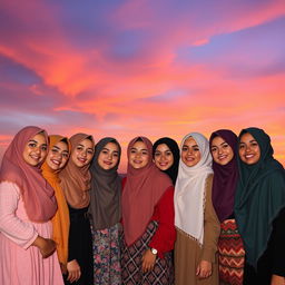A stunning sunset scene featuring ten hijabi girls, each adorned in beautifully styled hijabs that reflect various colors of the sunset