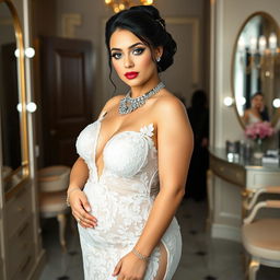 A full length photograph of a curvy young woman with fair skin and a thin face, featuring black hair styled in an elegant updo