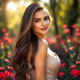 A stunning portrait of an attractive woman with long flowing hair, wearing an elegant dress that complements her figure