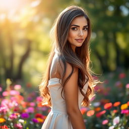 A stunning portrait of an attractive woman with long flowing hair, wearing an elegant dress that complements her figure