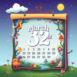 A creative calendar design that visually represents the transition from March 31st to a unique 32nd day, giving it a fantasy twist