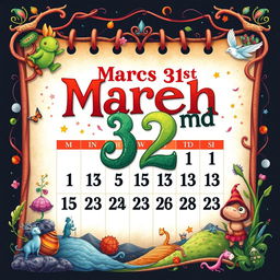 A creative calendar design that visually represents the transition from March 31st to a unique 32nd day, giving it a fantasy twist