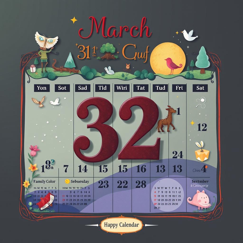 A creative calendar design that visually represents the transition from March 31st to a unique 32nd day, giving it a fantasy twist