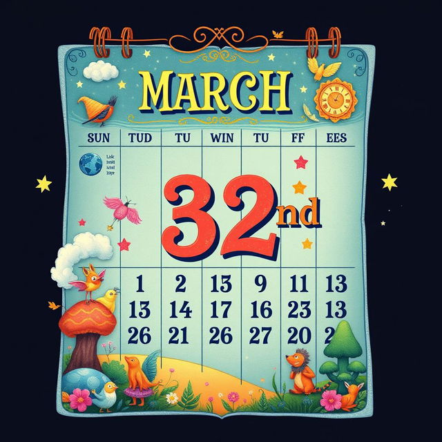 A creative calendar design that visually represents the transition from March 31st to a unique 32nd day, giving it a fantasy twist