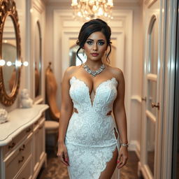 A full length photograph of a curvy young woman with fair skin and a thin face, featuring black hair styled in an elegant updo