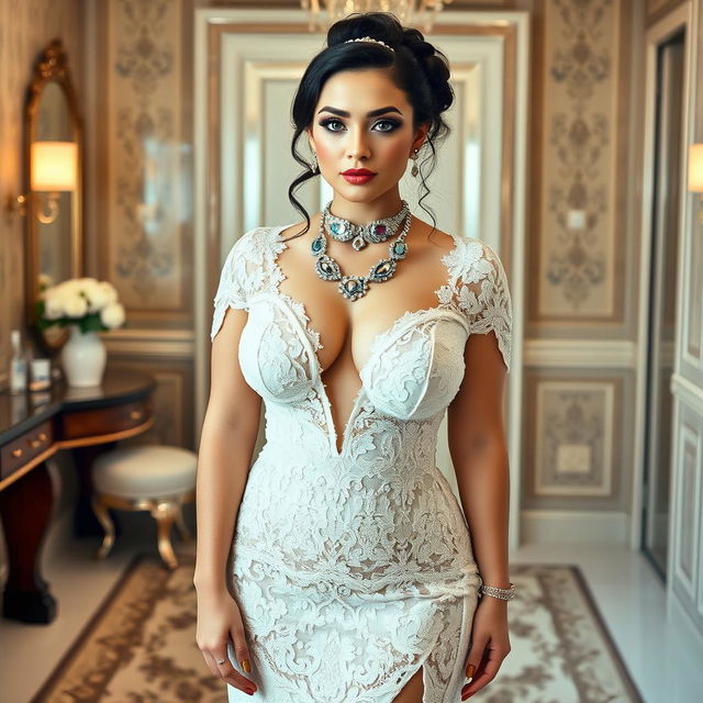 A full length photograph of a curvy young woman with fair skin and a thin face, featuring black hair styled in an elegant updo