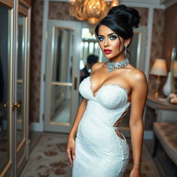 A full length photograph of a curvy young woman with fair skin and a thin face, featuring black hair styled in an elegant updo