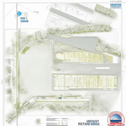 Detailed blueprint of a highway rest area, featuring amenities such as restrooms, convenience stores, dining areas, and parking lots.