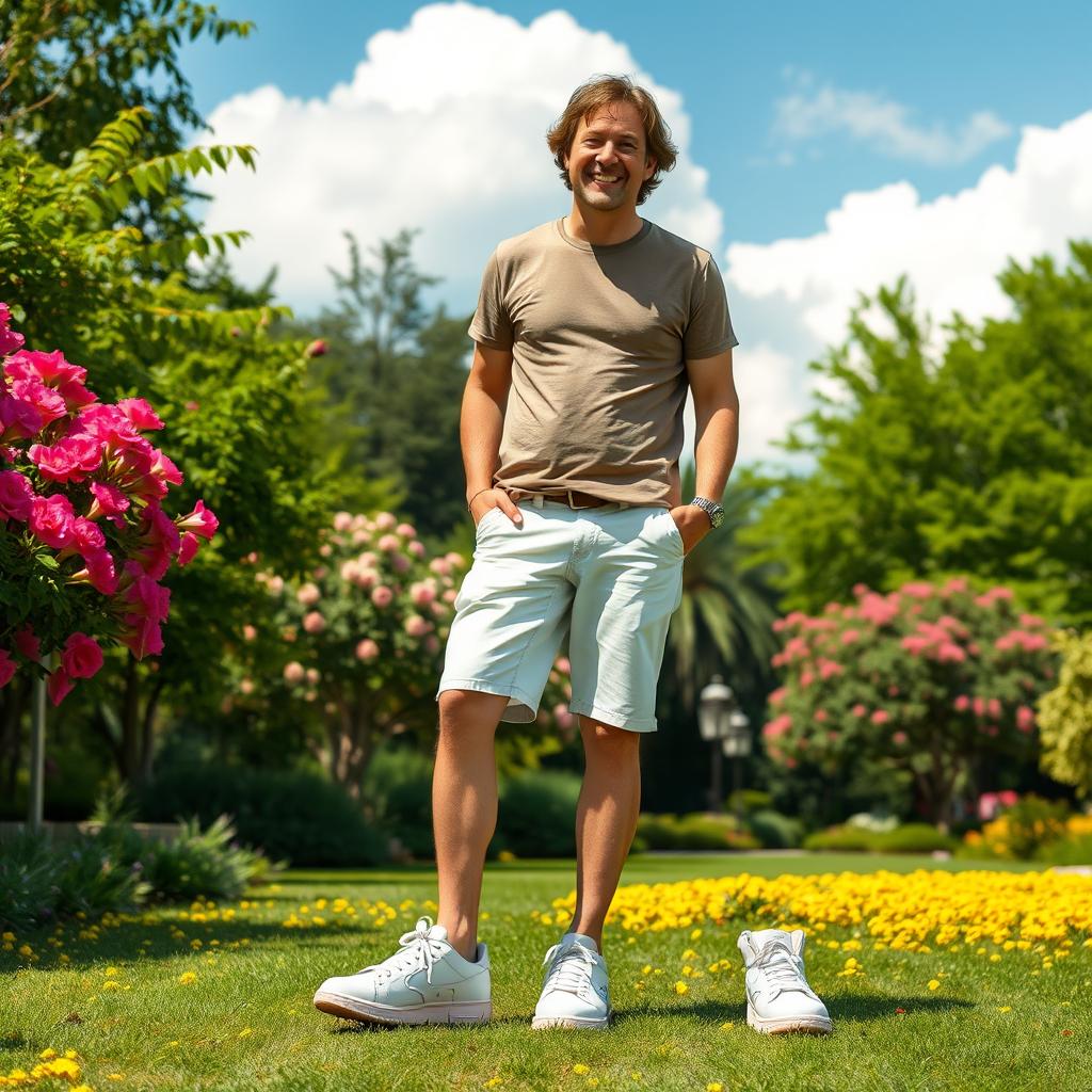 A whimsical portrait of a tall man with unusually large feet, standing confidently in a vibrant park filled with blooming flowers and lush greenery