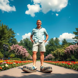 A whimsical portrait of a tall man with unusually large feet, standing confidently in a vibrant park filled with blooming flowers and lush greenery