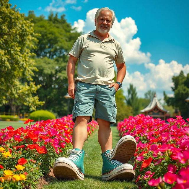 A whimsical portrait of a tall man with unusually large feet, standing confidently in a vibrant park filled with blooming flowers and lush greenery