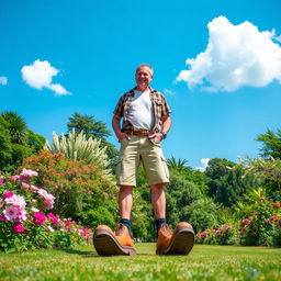 A whimsical portrait of a tall man with unusually large feet, standing confidently in a vibrant park filled with blooming flowers and lush greenery