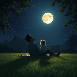 A heartwarming scene of a father and his child gazing up at the night sky, marveling at the full moon casting a vibrant glow